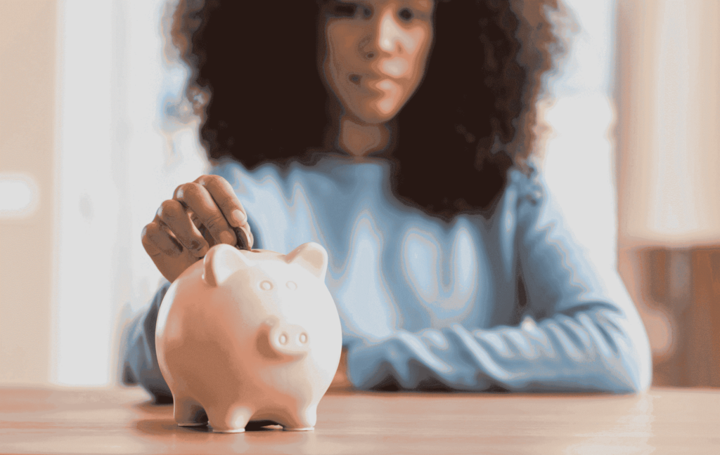lady using our ways to save money and putting coins in a piggy bank