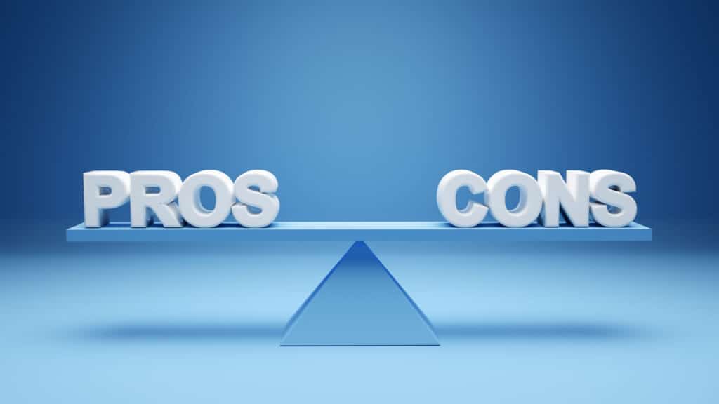 The words pros and cons balanced on a seesaw. Comparing positive advantages or negative disadvantages concept. 3D render.