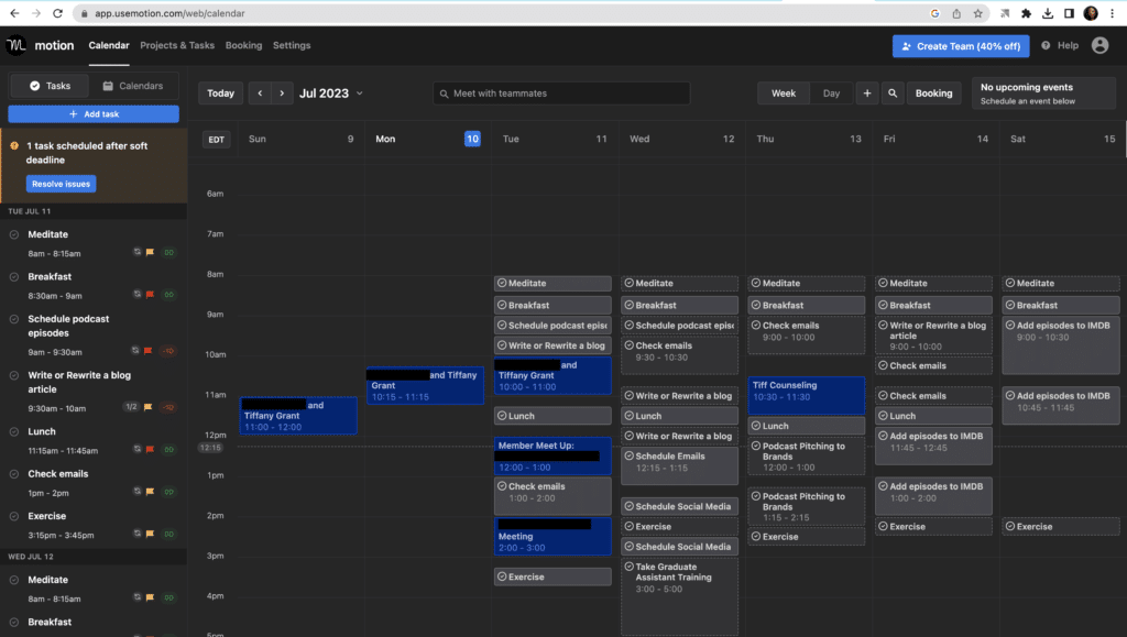 motion web app showing a calendar