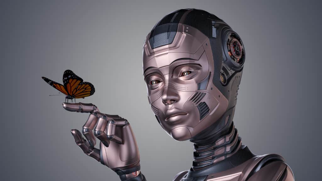 robot woman or humanoid cyber girl looking at a butterfly sitting on her forefinger representing generative ai