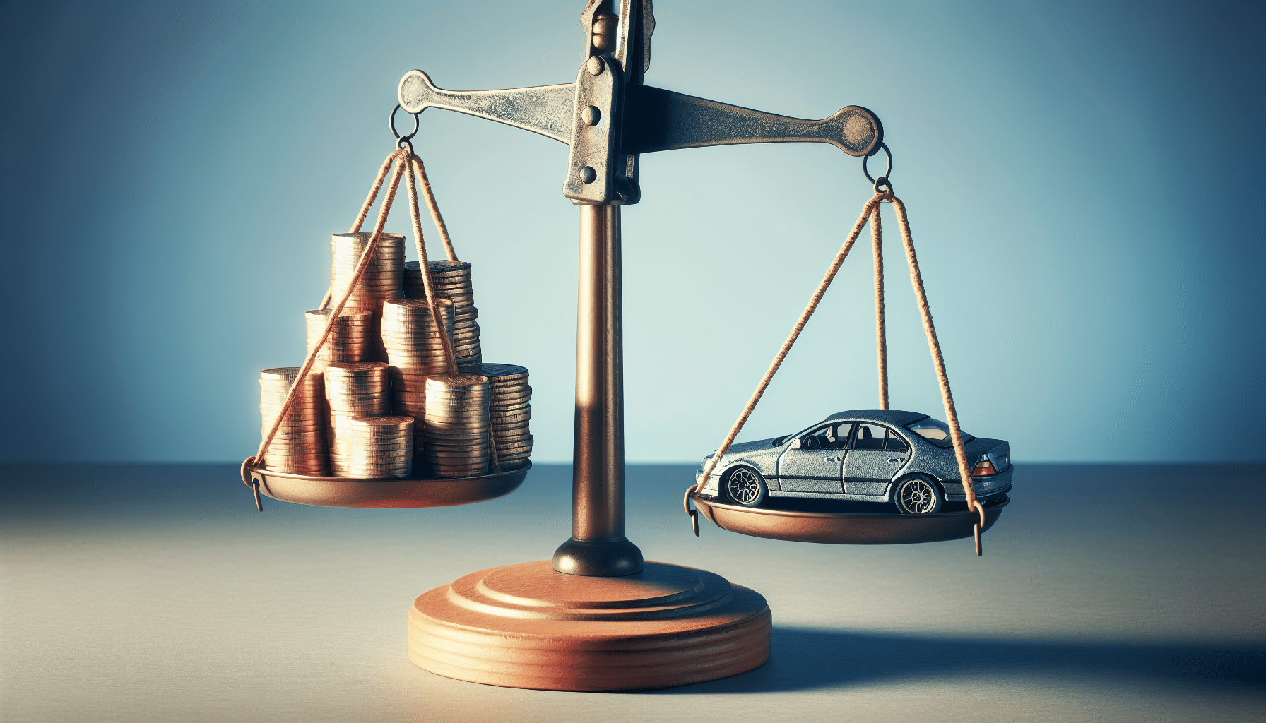 Illustration of a scale weighing the amount owed on a car loan against the current worth of the vehicle to evaluate the need for gap insurance
